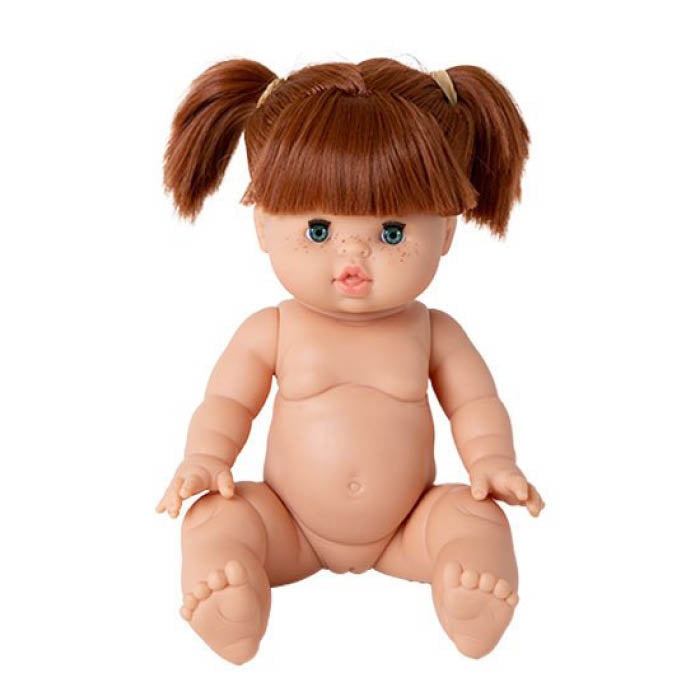 Plain doll with brown hair styled in pigtails on a white background