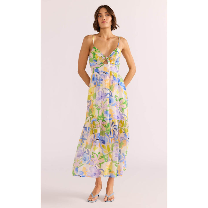 The Fable Tie Midi Dress encapsulates divine femininity. Featuring a bold floral pattern on a lightweight fabrication, available from www.thecollectivenz.com