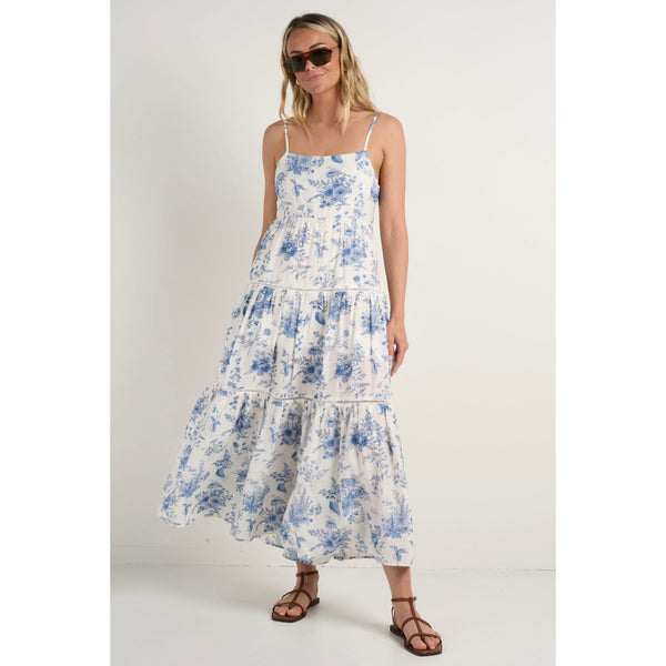 The fabulous Universe maxi dress. The delicate porcelain print, the tiered skirt and lace inserts offers a flattering look and fit. Available from www.thecollectivenz.com