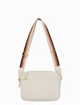 Beige crossbody bag with a colorful strap on a white background