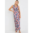 Aston Blue Red Poppy Satin Bias Flared Maxi Dress