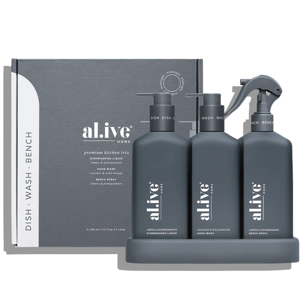 Set of three 'alive' kitchen cleaning products with a packaging box on a white background