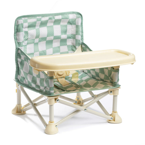 Foldable baby dining chair with green and white checkered backrest on a white background