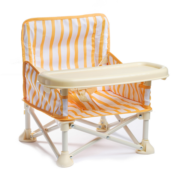 Foldable baby high chair with orange and white striped cover on a white background