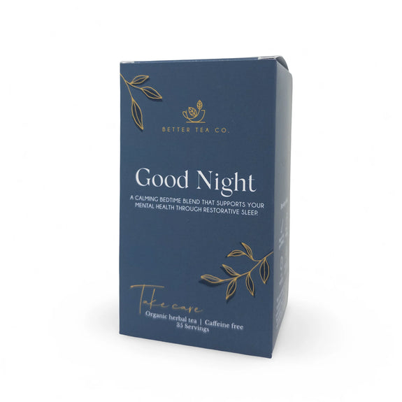 Blue packaging of 'Good Night' tea from Better Tea Co on a white background