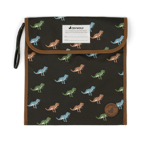 Bag with dinosaur pattern and CRWOLF branding on a white background