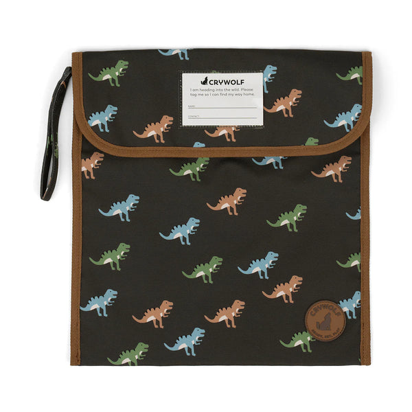 Bag with dinosaur pattern and CRWOLF branding on a white background