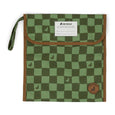 Green and brown checkered bag with 'Crywolf' branding on a white background