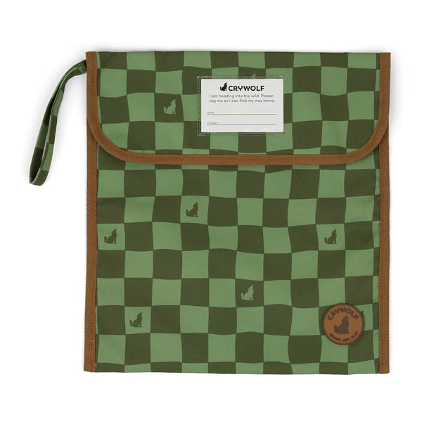 Green and brown checkered bag with 'Crywolf' branding on a white background