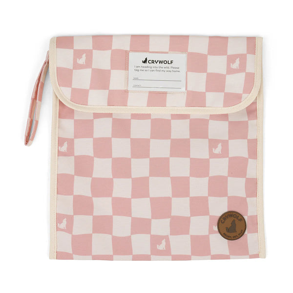 Pink and white checkered pouch with a visible brand label on a white background
