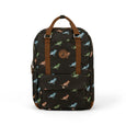 Black backpack with dinosaur pattern on a white background