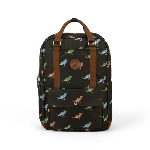 Black backpack with dinosaur pattern on a white background