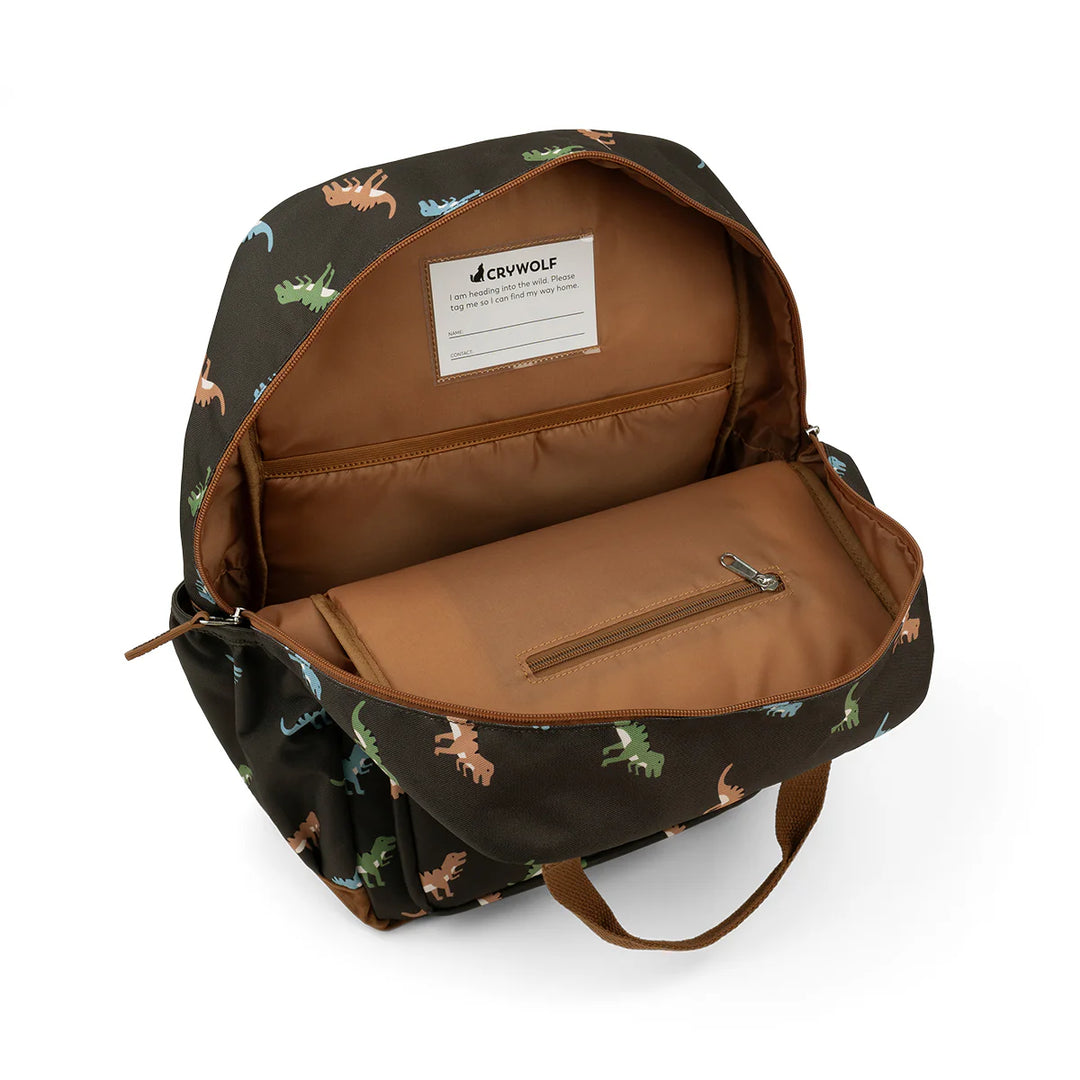 Backpack with dinosaur pattern on a white background