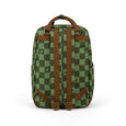 Green checkered backpack with brown straps on a white background