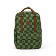 Green checkered backpack with brown straps on a white background