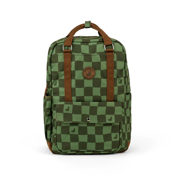 Green checkered backpack with brown straps on a white background