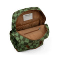 Green checkered backpack with brown interior on a white background