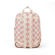 Pink and white checkered backpack on a white background