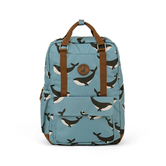 Backpack with whale pattern on a blue background