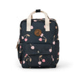 Navy blue backpack with cherry pattern on a white background
