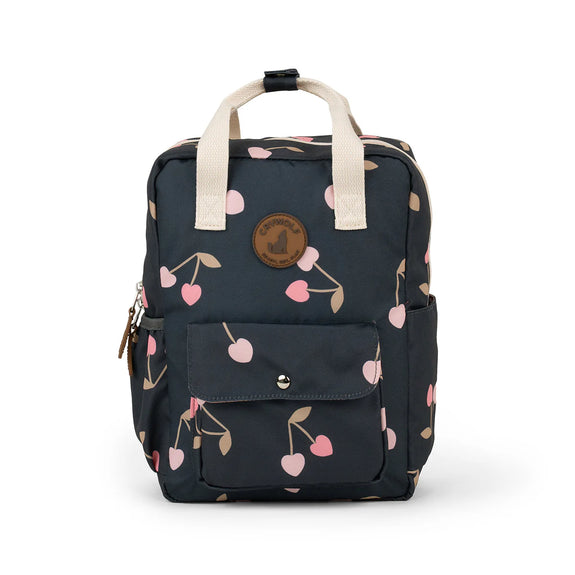 Navy blue backpack with cherry pattern on a white background