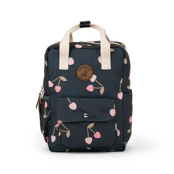 Navy blue backpack with cherry pattern on a white background