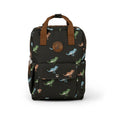 Black backpack with dinosaur pattern on a white background