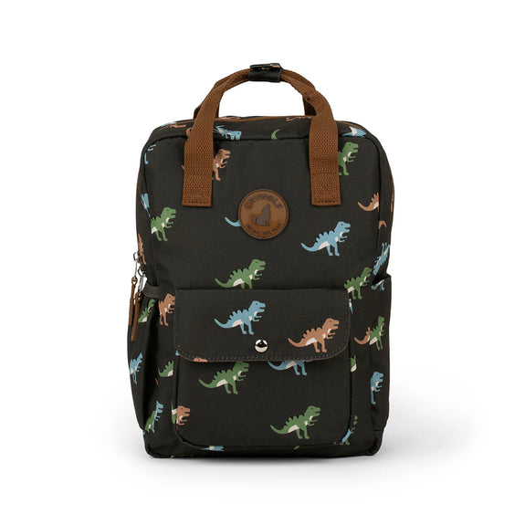 Black backpack with dinosaur pattern on a white background