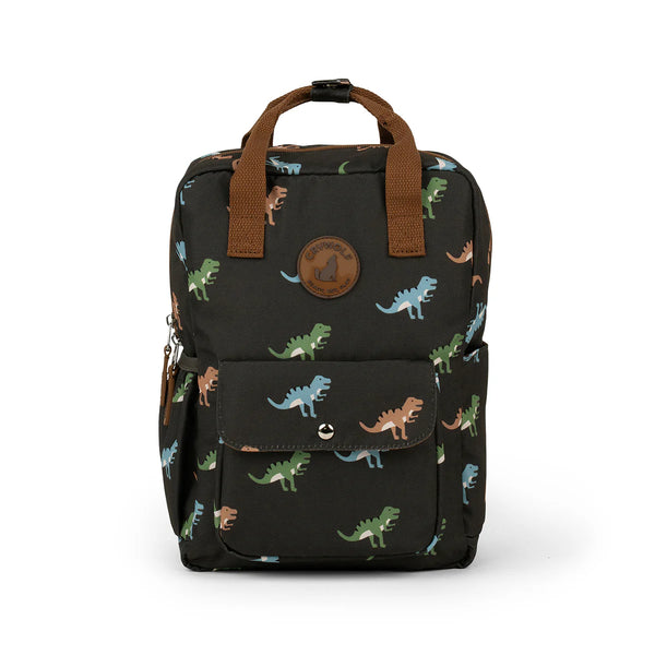 Black backpack with dinosaur pattern on a white background