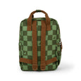 Green checkered backpack with brown straps on a white background