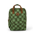 Green checkered backpack with brown straps on a white background