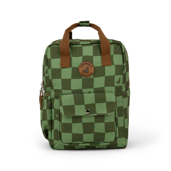 Green checkered backpack with brown straps on a white background