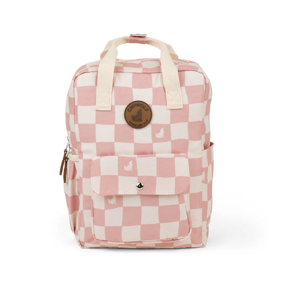 Pink and white checkered backpack with a brand logo on a white background