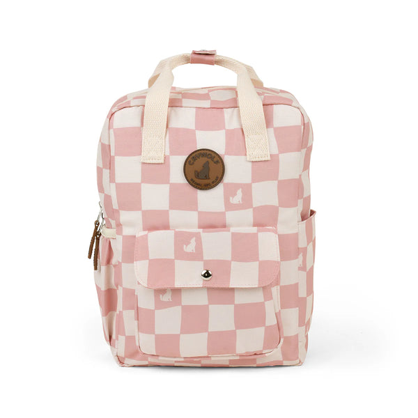 Pink and white checkered backpack with a brand logo on a white background