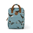Blue backpack with whale pattern and brown straps on a white background