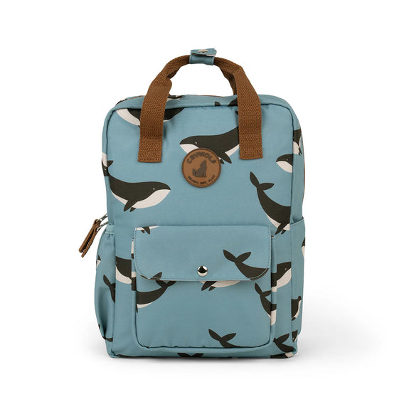 Blue backpack with whale pattern and brown straps on a white background