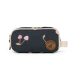 Black toiletry bag with floral design and brand logo on a white background