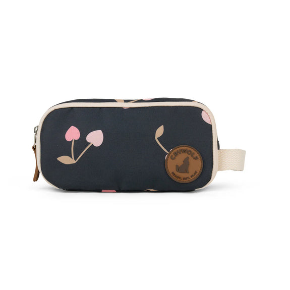 Black toiletry bag with floral design and brand logo on a white background