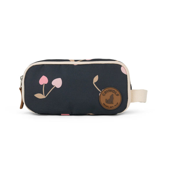 Black toiletry bag with floral design and brand logo on a white background