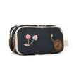 Black toiletry bag with floral design and brand logo on a white background