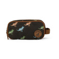 Black toiletry bag with dinosaur patterns on a white background