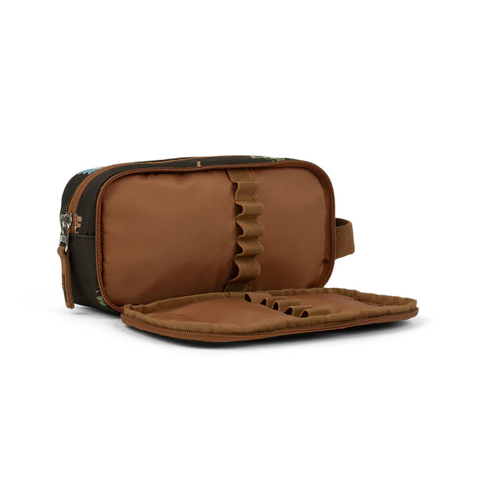 Brown toiletry bag with open compartment on a white background