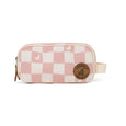 Checkered pouch with a brand logo on a white background