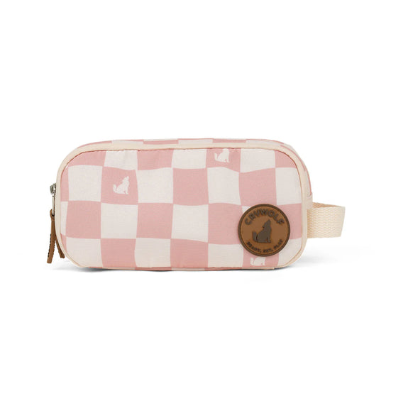 Checkered pouch with a brand logo on a white background