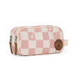 Checkered pouch with a visible brand logo on a white background