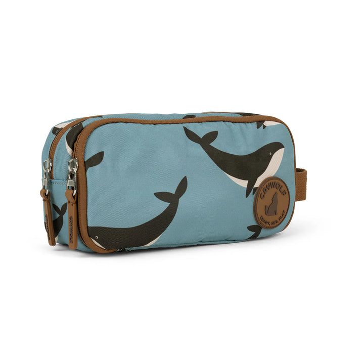 Blue toiletry bag with whale pattern and brand logo on a white background