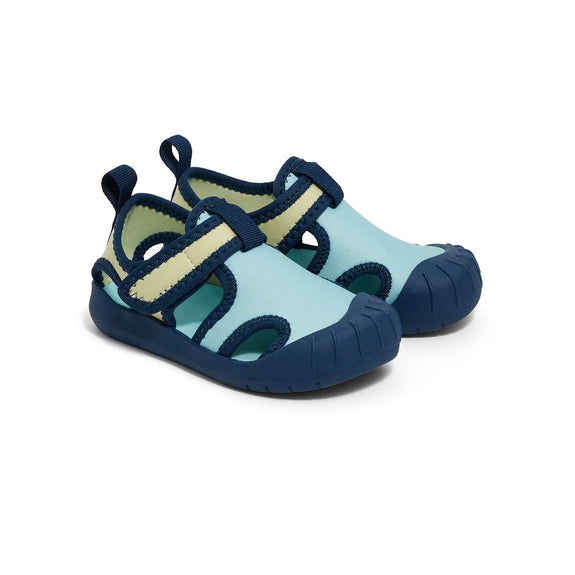 Pair of blue and navy crywolf children's sandals on a white background