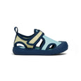Children's crywolf sandal with blue and beige design on a white background