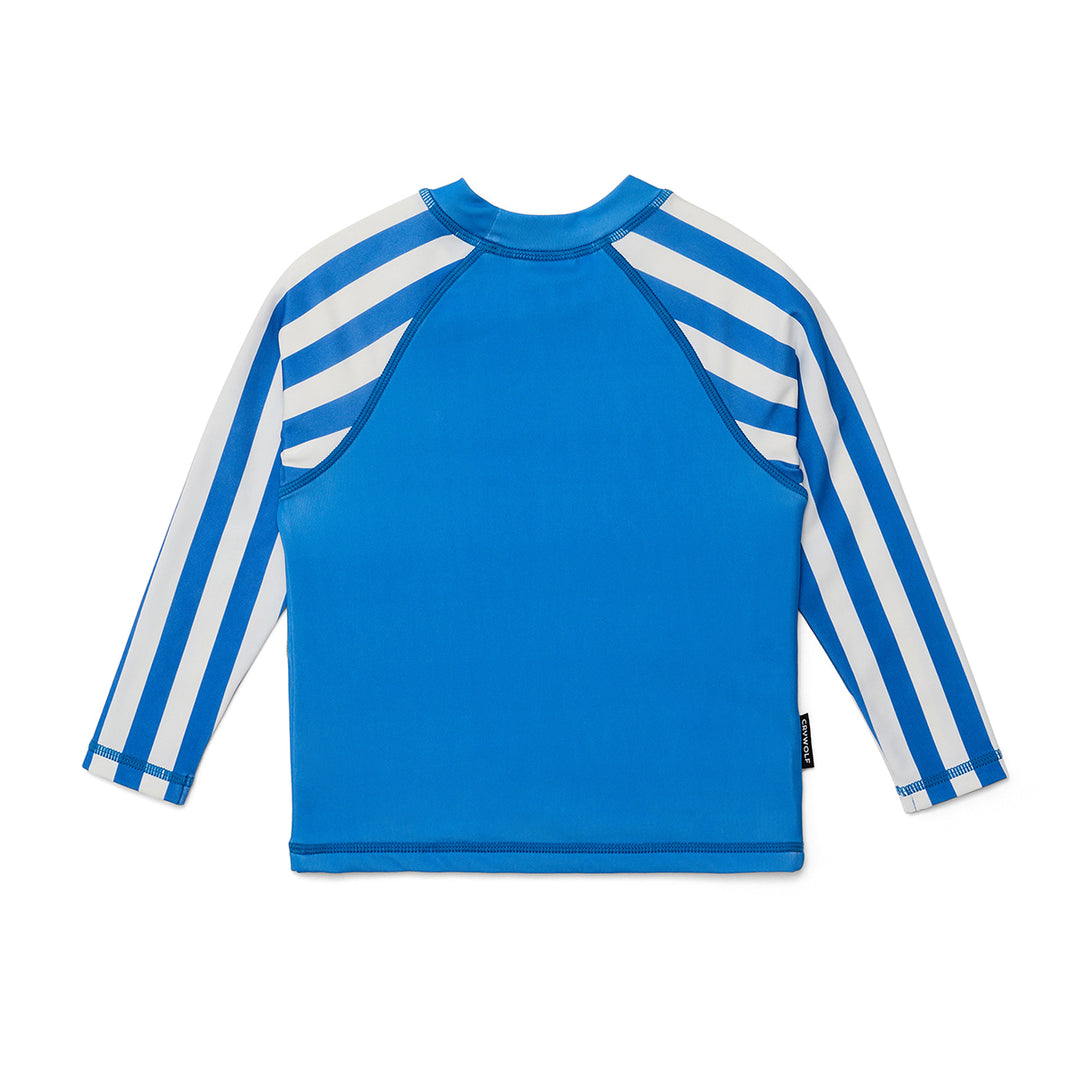 Blue and white striped long-sleeve rash vest on a white background