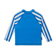 Blue and white striped long-sleeve rash vest on a white background